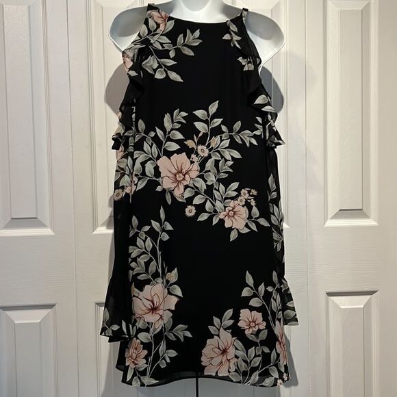 Guess Black with Floral Print Ruffled Cold Shoulder Long Sleeve Mini Dress SZ S - Picture 11 of 16